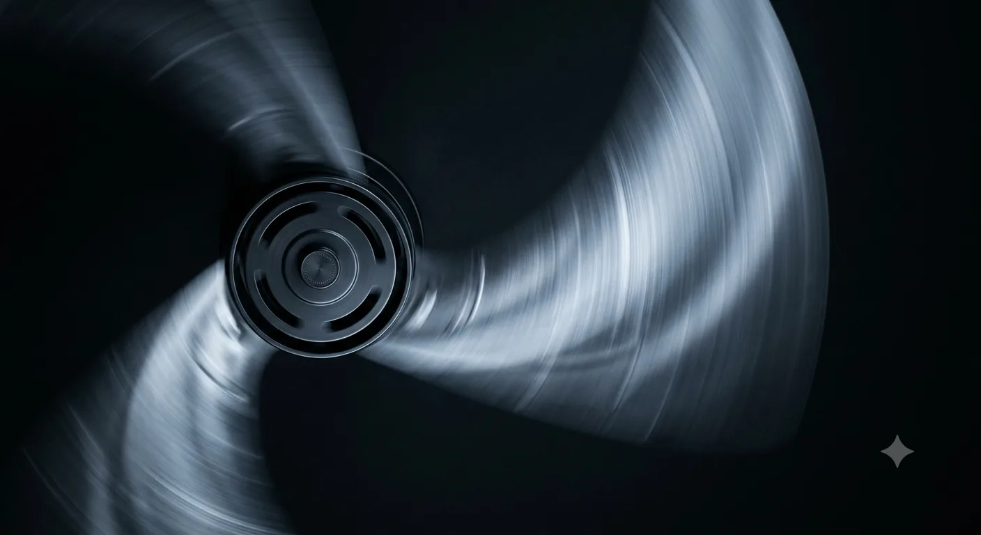Close-up of fan blades spinning fast enough to blur into a smooth disc, lit silver against a near-black background.