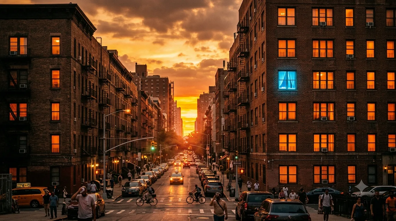Brick city apartment buildings at sunset with window air conditioners mounted in many of the warmly lit windows, above a busy street.
