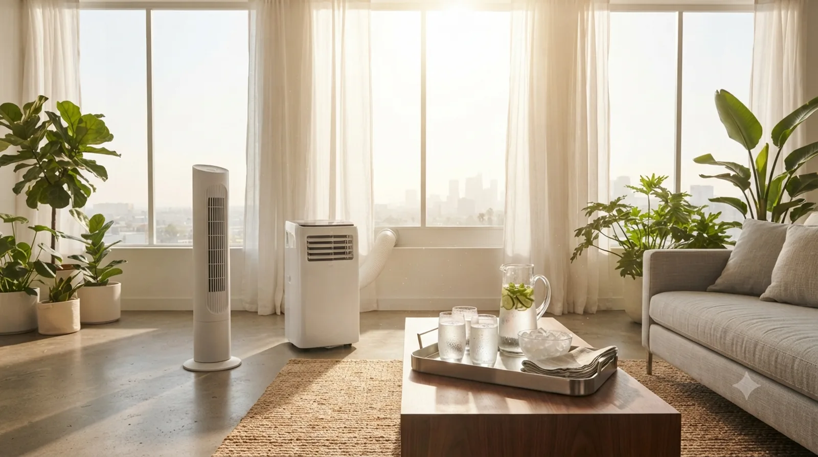 A bright living room on a hot afternoon — a white tower fan and a portable air conditioner vented out the window stand between sheer curtains, with a tray of iced drinks on the coffee table and a hazy city skyline outside.