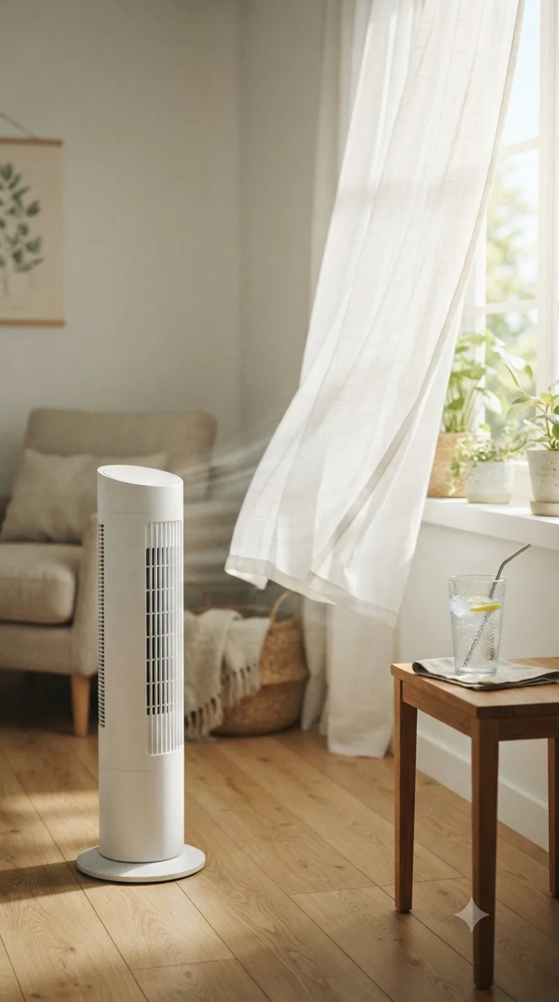 A white tower fan on a light wood floor beside an armchair, its airflow lifting a sheer white curtain, with potted plants on the sunny windowsill behind.